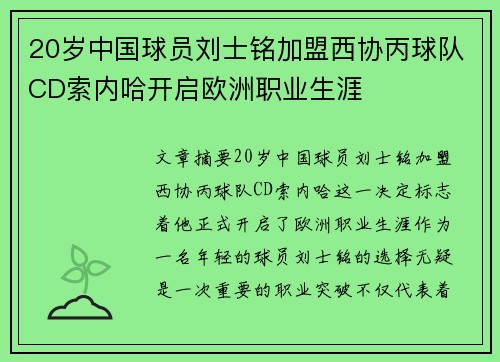 20岁中国球员刘士铭加盟西协丙球队CD索内哈开启欧洲职业生涯 20岁中国球员刘士铭加盟西协丙球队CD索内哈开启欧洲职业生涯