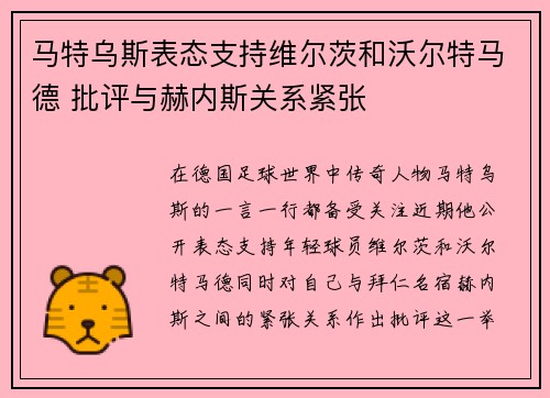 马特乌斯表态支持维尔茨和沃尔特马德 批评与赫内斯关系紧张 马特乌斯表态支持维尔茨和沃尔特马德 批评与赫内斯关系紧张