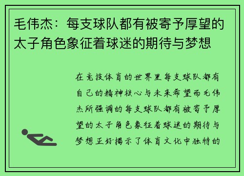 毛伟杰:每支球队都有被寄予厚望的太子角色象征着球迷的期待与梦想 毛伟杰:每支球队都有被寄予厚望的太子角色象征着球迷的期待与梦想